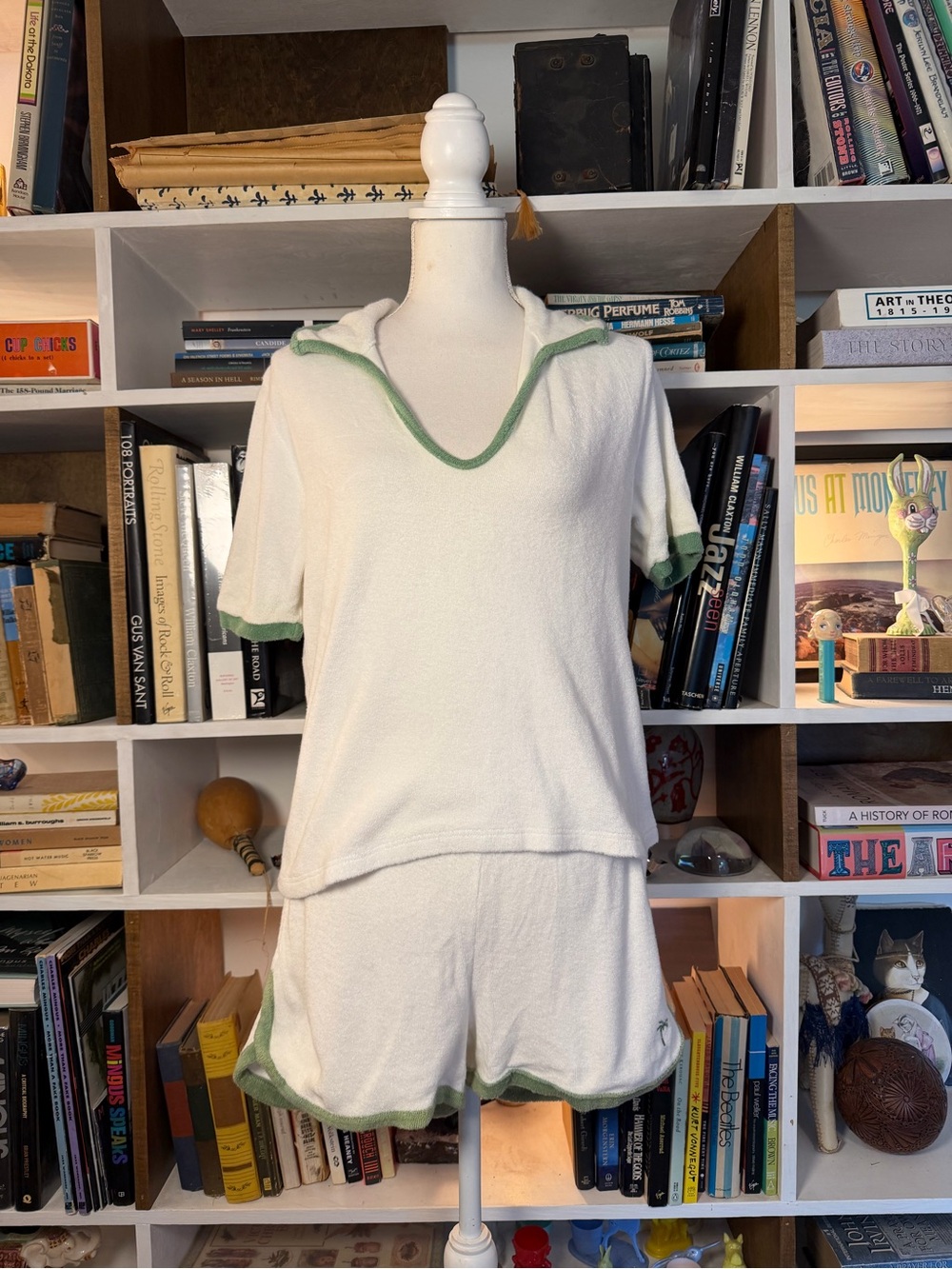 Women’s Cream Terry Short Set with Green Trim